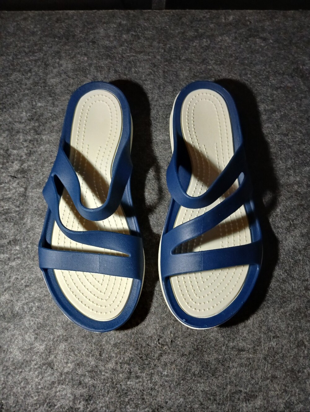 Navy Blue Strappy Slide Sandals with Cream Footbed